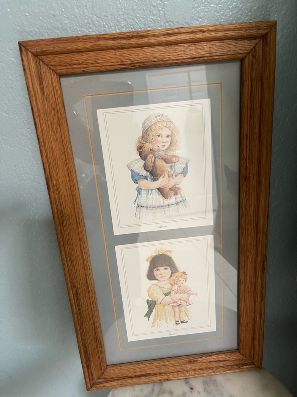 Framed Vintage-Style Girl & Teddy Art Print Duo - Brown Frame, Blue Accents